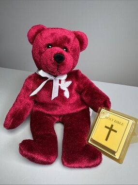 1999 Holy Bears Burgundy Grace plush with Bible card Sacrament Series 8.5”